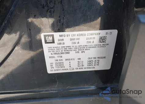 2021 Chevrolet Trailblazer Awd Rs из США, поврежденный, VIN KL79MUSL3MB129982